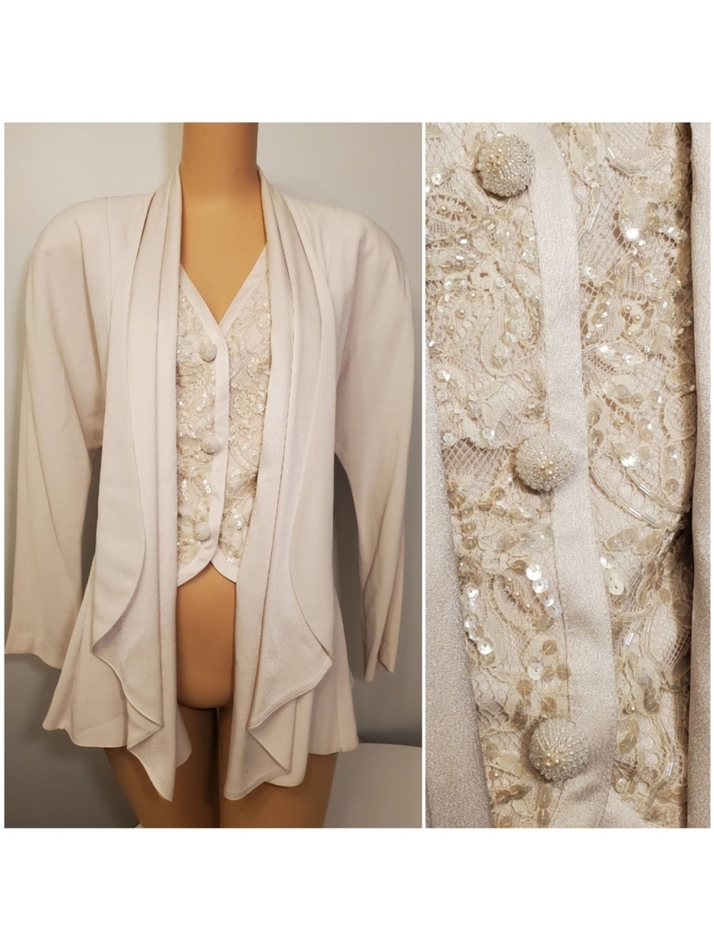 VTG Daymor Couture sequin bead Light Beige Draped Evening Vest Cardigan Jacket